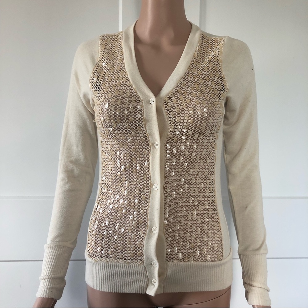 Poof Yellow Cream Sequins Sheer Cardigan Small XS